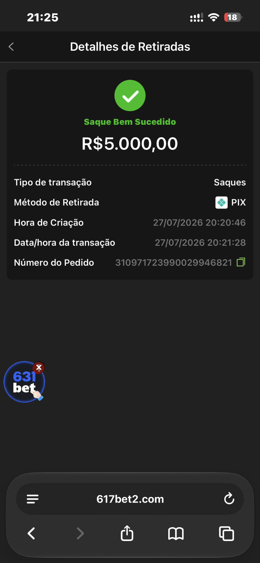 Comprovante de saque 617bet 2